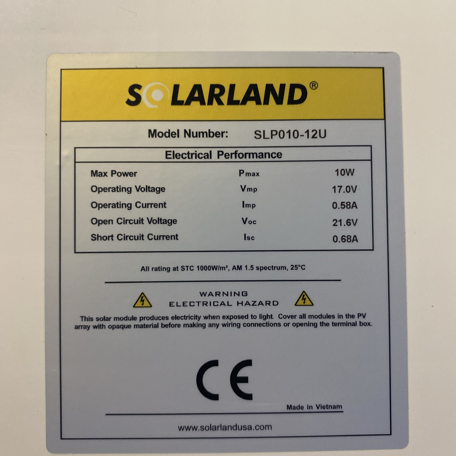 Solarland 10 Watt 12 Volt DC SLP010-12U Solar Panel PV Module- New In Box