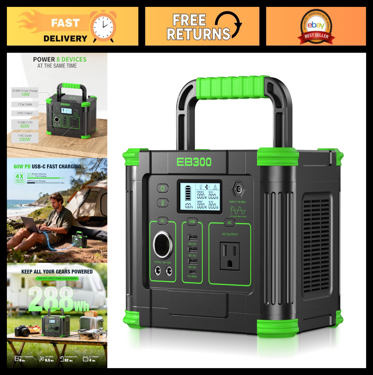 Portable Power Station 300W, 288Wh Solar Generator, 60W USB-C PD, AC Outlet, Bac