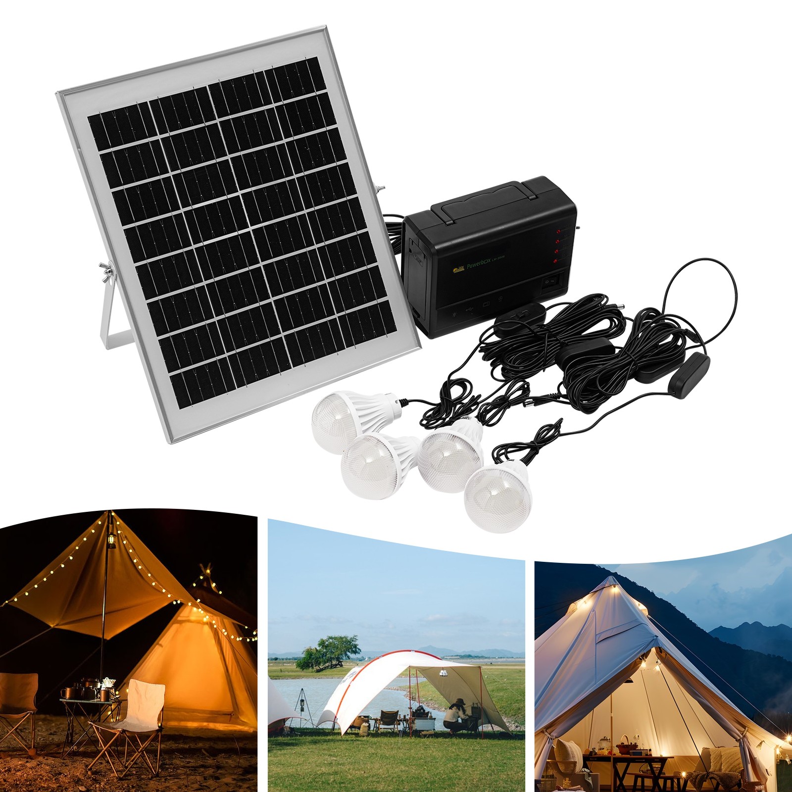 Solar Panel Power Generator Kit Battery Pack Power Station w/ 4 Bulbs Portable