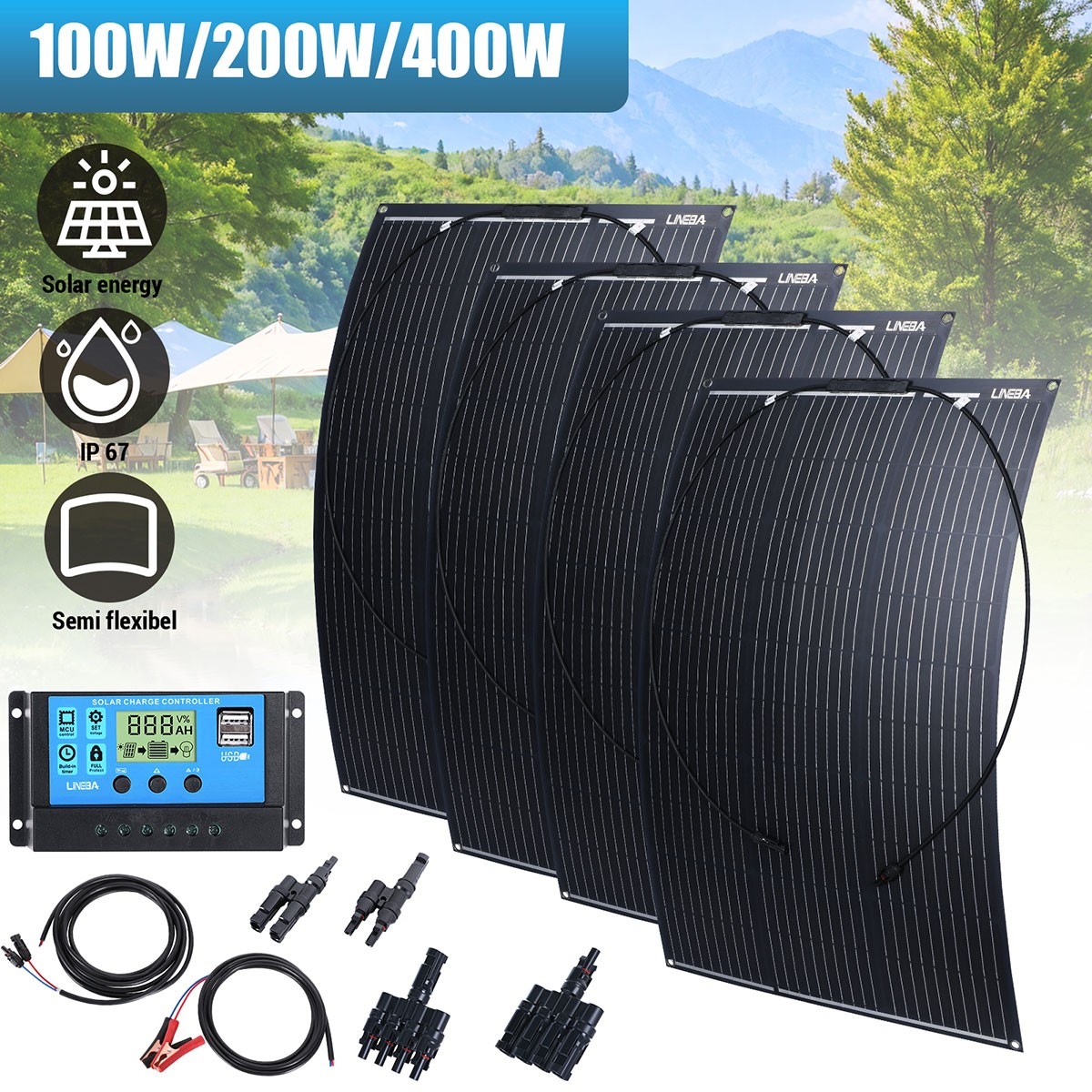 100W 200W 400W 12V Mono Solar Panel & Controller Kit fr Home RV Camping Off Grid