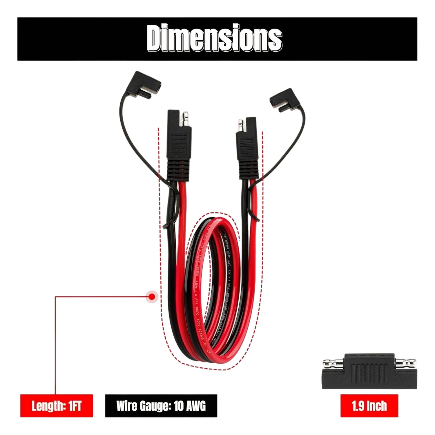 SAE 10AWG Extension Cable 1FT for Solar Panel RV Battery Automotive Marine,2 PCS