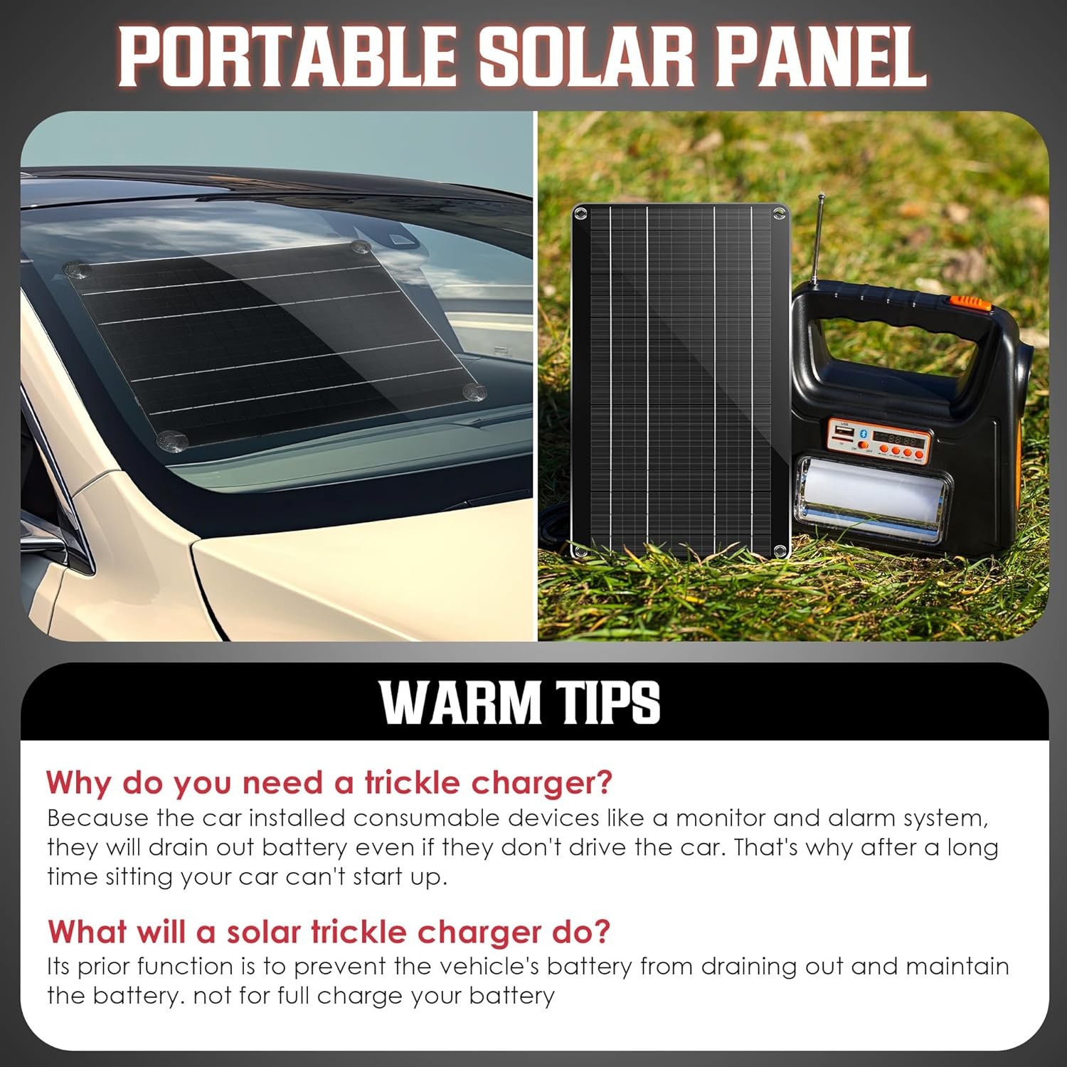 Car RV Boat 12V Battery Maintainer / Trickle Solar Charger-No More Jump Starters