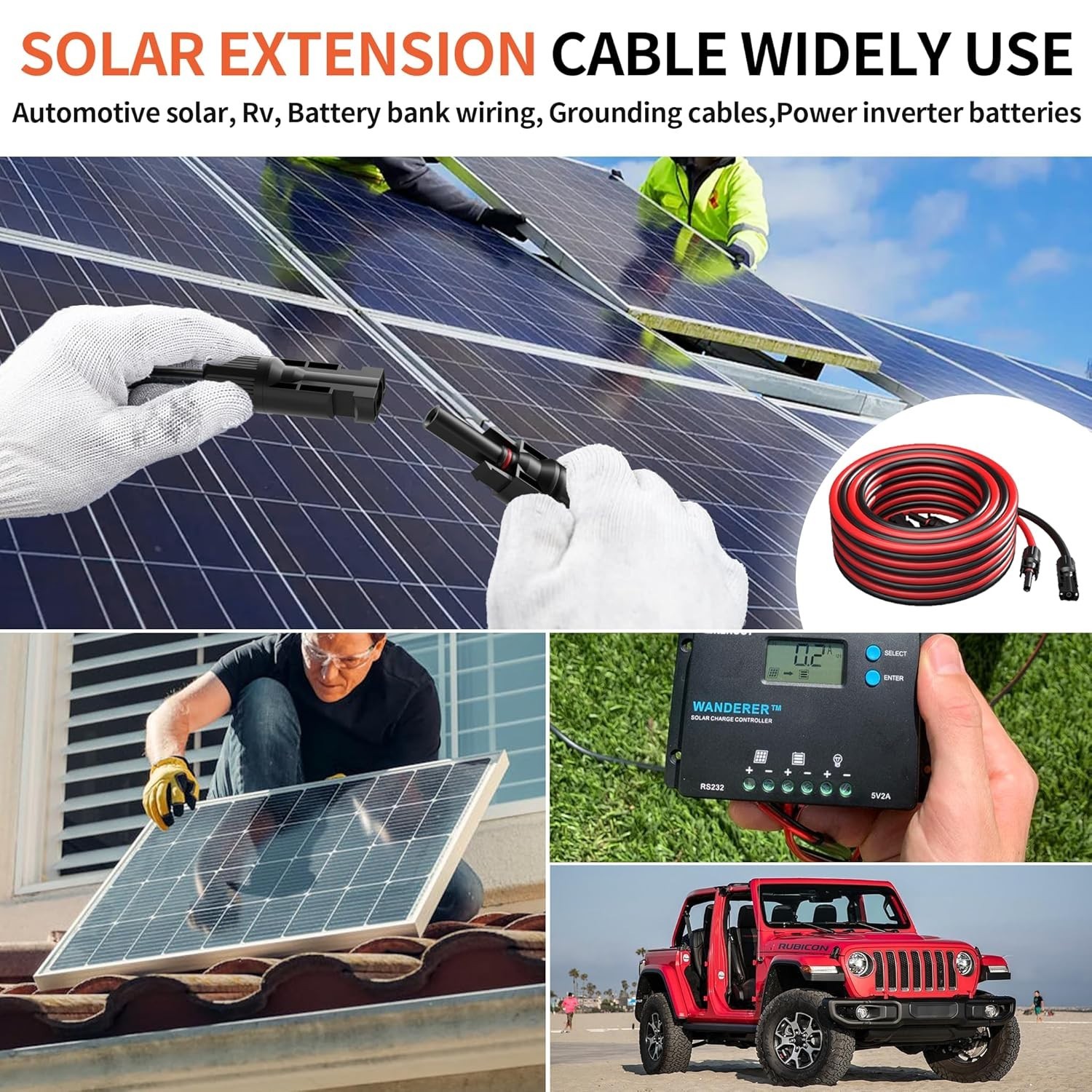 10AWG Solar Extension Cable 30FT Red Black w/ Connectors 10 Gauge
