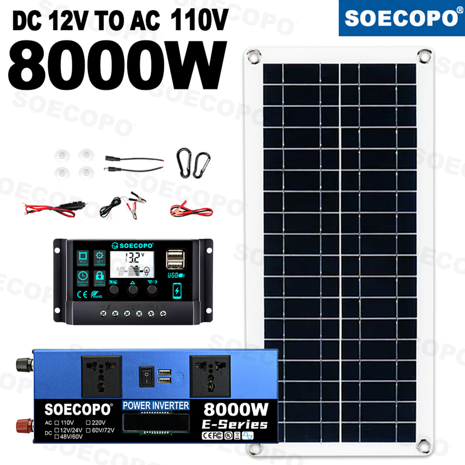 8000W Complete Solar Panel Kit Solar Power Generator 100A Home 110V/220V System