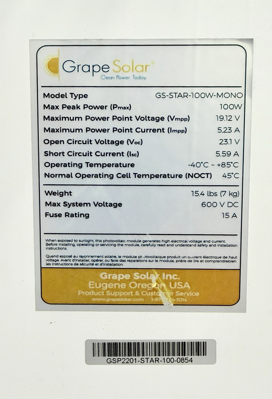 Grape Solar GS-STAR-100W Monocrystalling Solar Panel, 100-watt