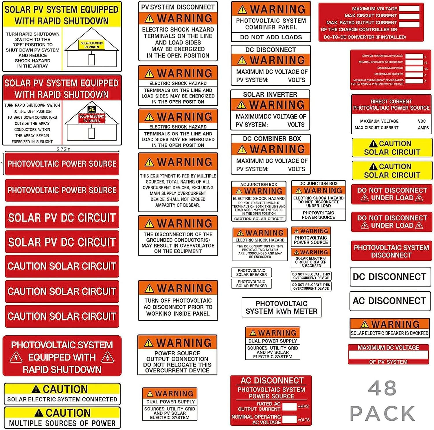 48 Pack PV Solar System Install Label Kit,Photovoltaic Safety Stickers,Photov…