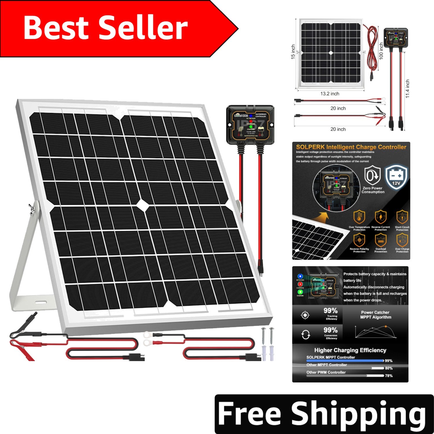 High-Efficiency 20W Waterproof Solar Battery Charger with Smart MPPT Controller