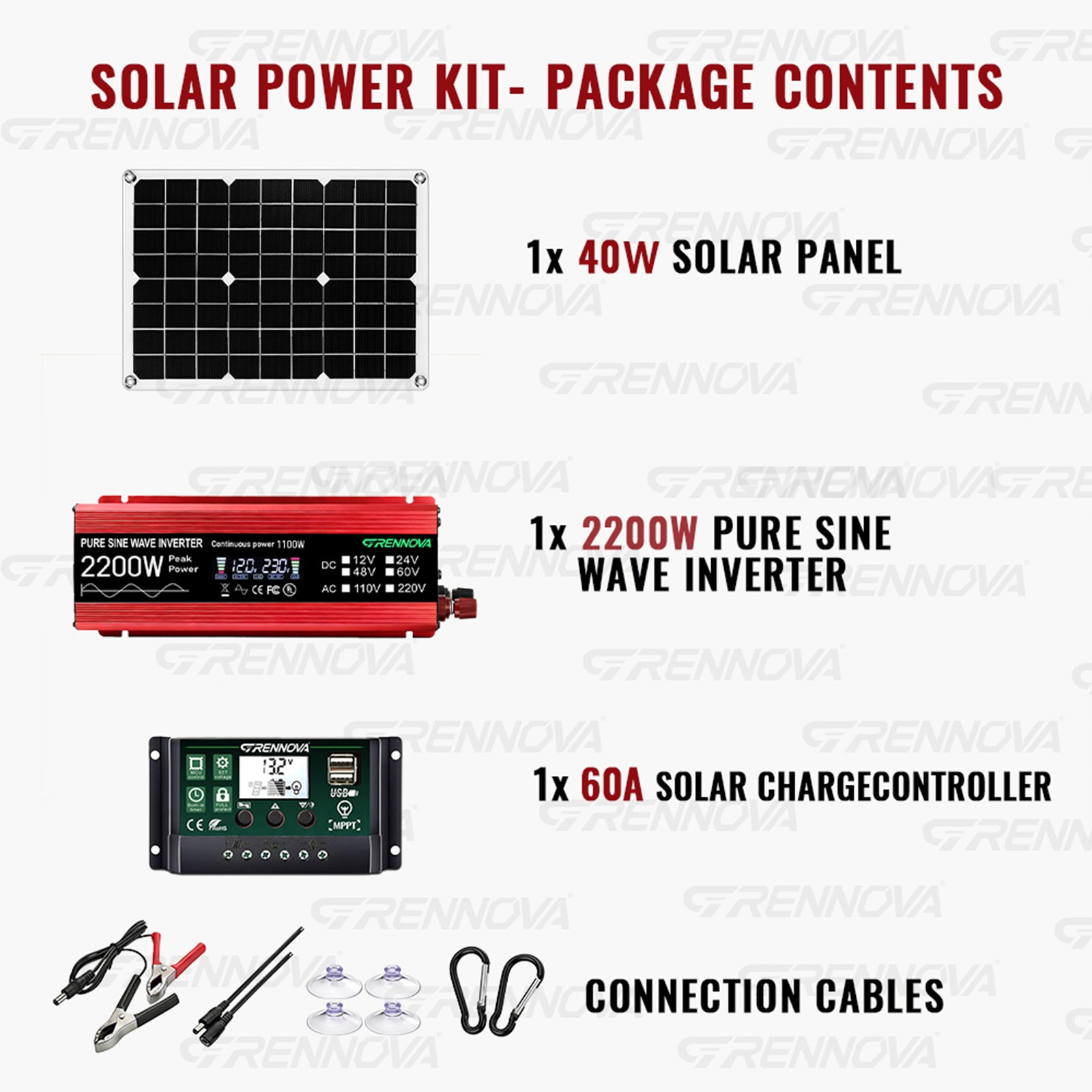Grennova 2200W Off-Grid Solar Kit 60A MPPT Pure Sine Home RV Backup