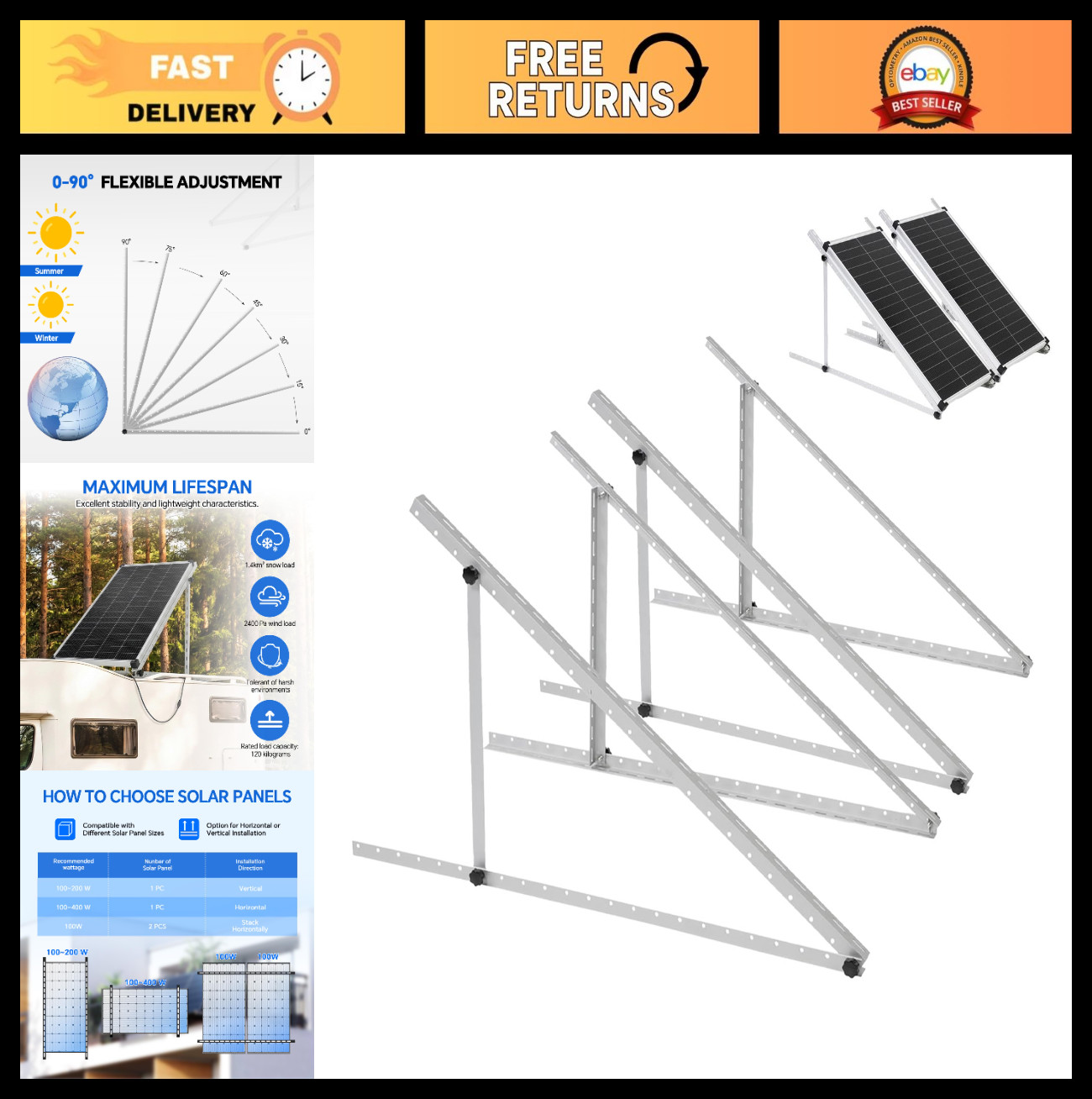 Adjustable 45″ Solar Panel Mounting Brackets Kit – 0-90° Tilt for Roof, RV, Boat