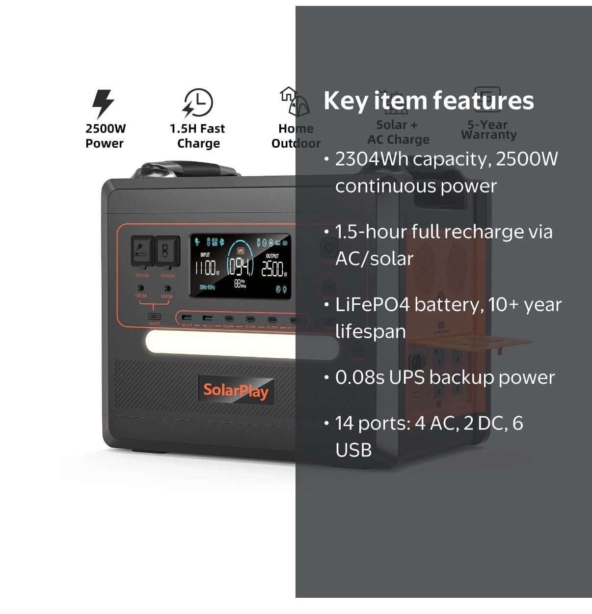 SolarPlay Q2402M Portable Power Station 2304Wh LiFePO4 2500W Solar Generator