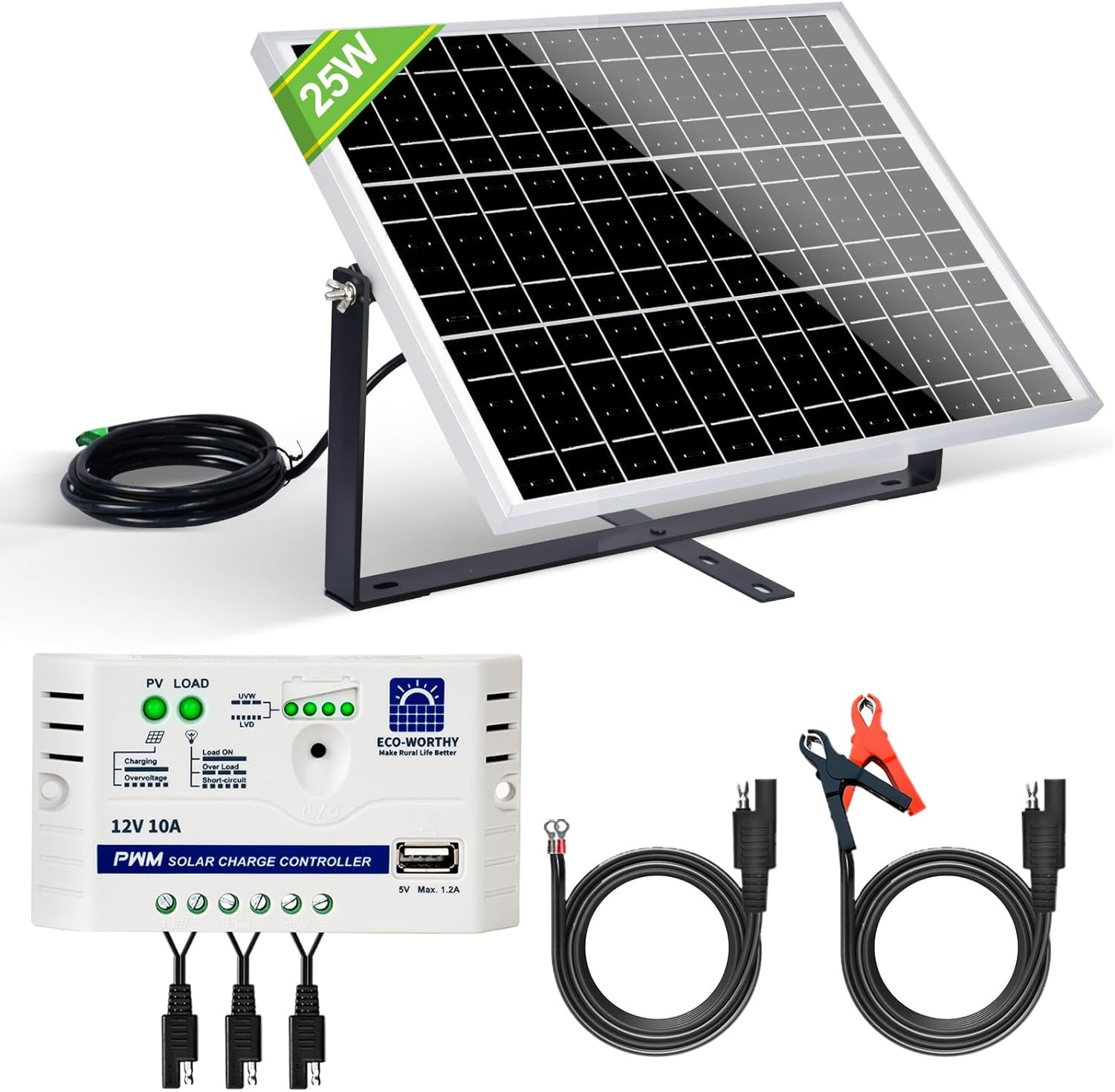 25 Watts 12V Off Grid Solar Battery Charger Kit: Waterproof Solar Panel + Adjust