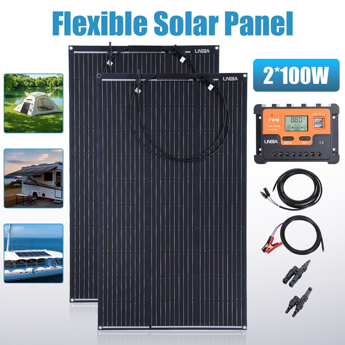 200W Kit Monocrystalline Solar Panel 12V Charging RV Camping Home Off-Grid Boat
