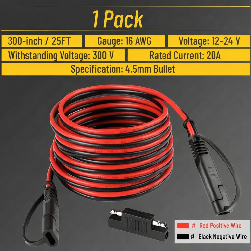 Bates SAE to SAE Extension Cable, 25 Feet, 16 AWG, Solar Panel Extension Cabl…