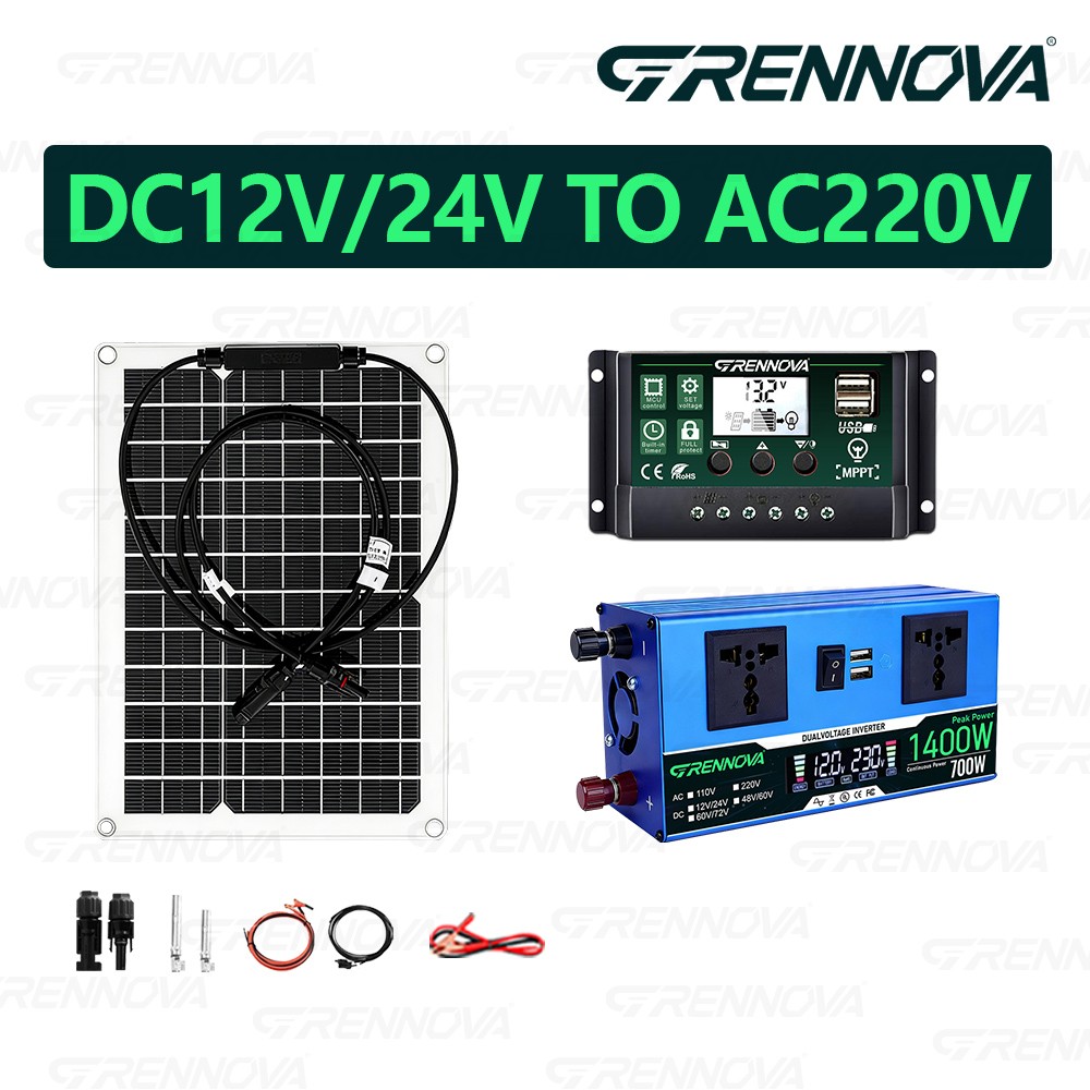 Grennova 1400W Solar System 50W Panel 12/24V To 110/220V Inverter 60A Controller
