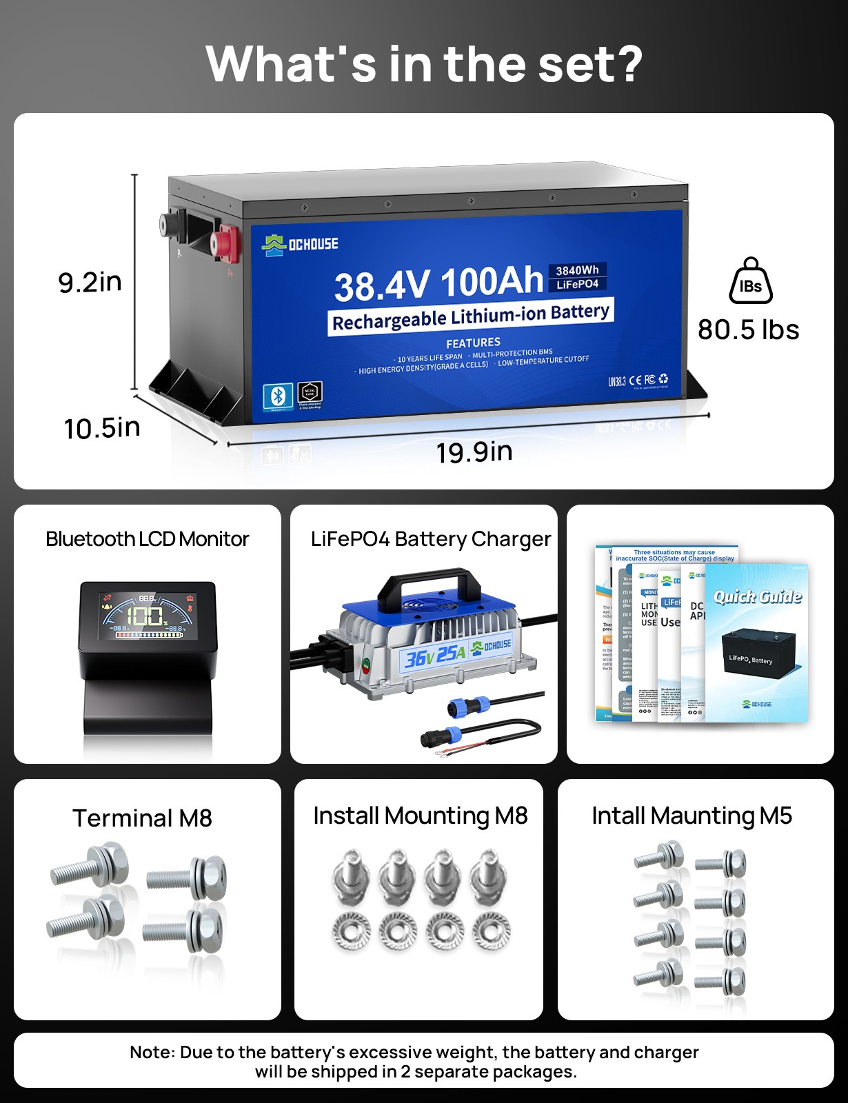 36V 100Ah Lithium Golf Cart Battery with 25A Charger BluetoothTrolling Motor RV