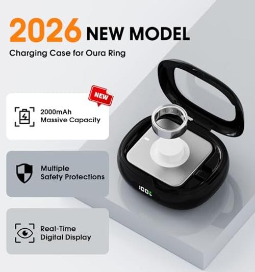 Charging Case for Oura Ring Gen 4 & 3 Charger, 2000mAh Portable Travel Black