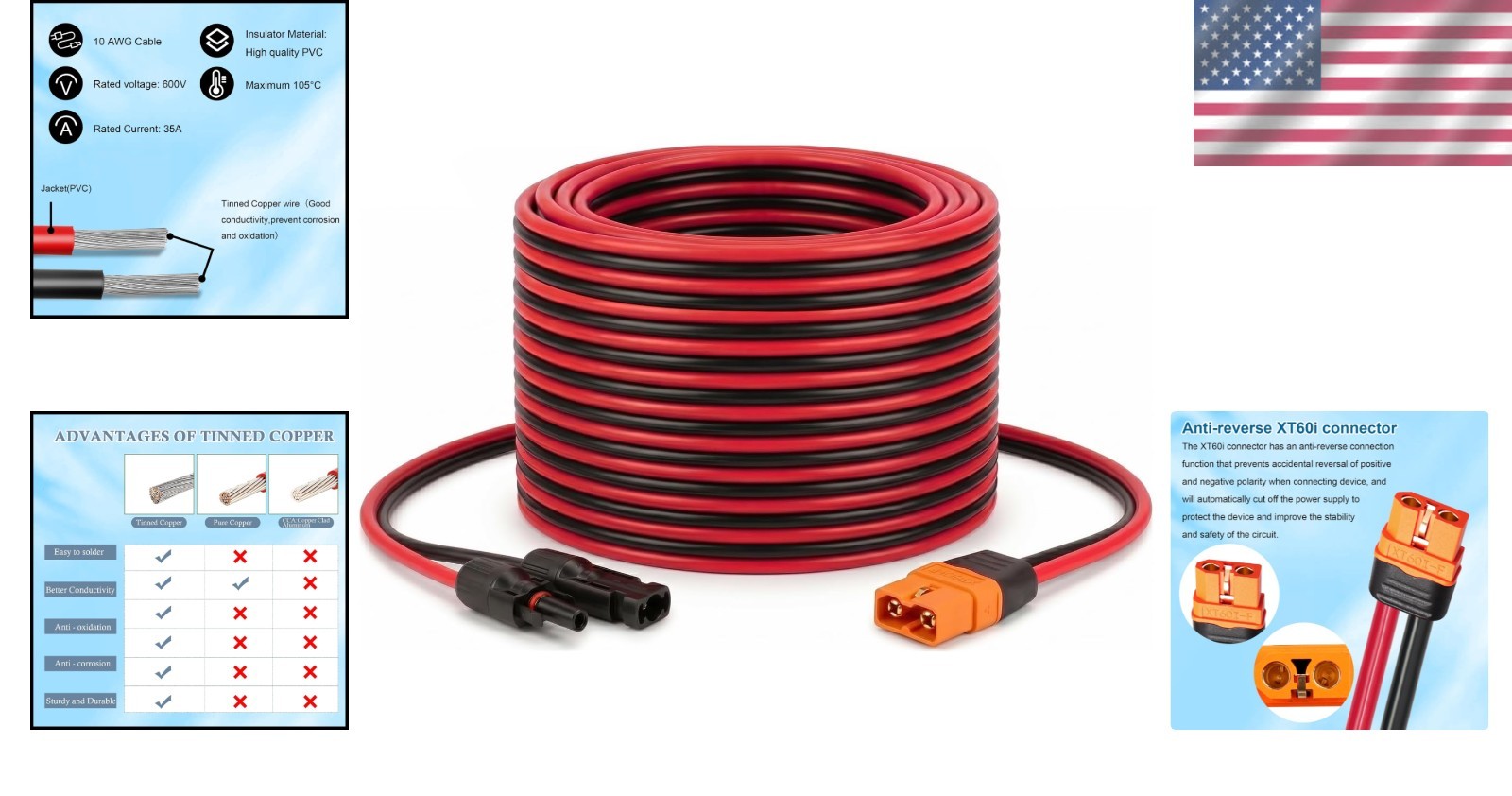 Luxury 10AWG Solar to XT60i Cable, 25FT Waterproof Extension for Power Systems
