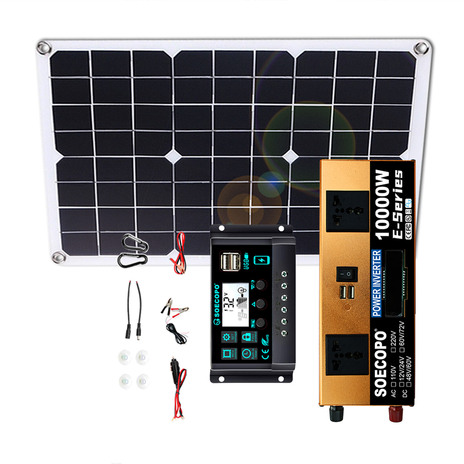 10000W Solar Kit 500W Panel 100A MPPT Controller DC Cable 12V/24V to 220V/110V