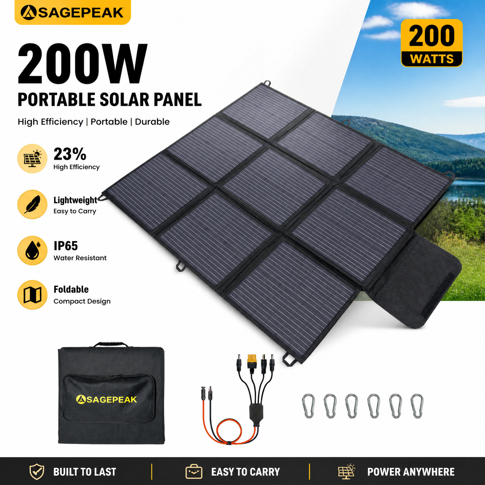 200W Foldable Monocrystalline Solar Panel 23% Efficiency Waterproof for Camping