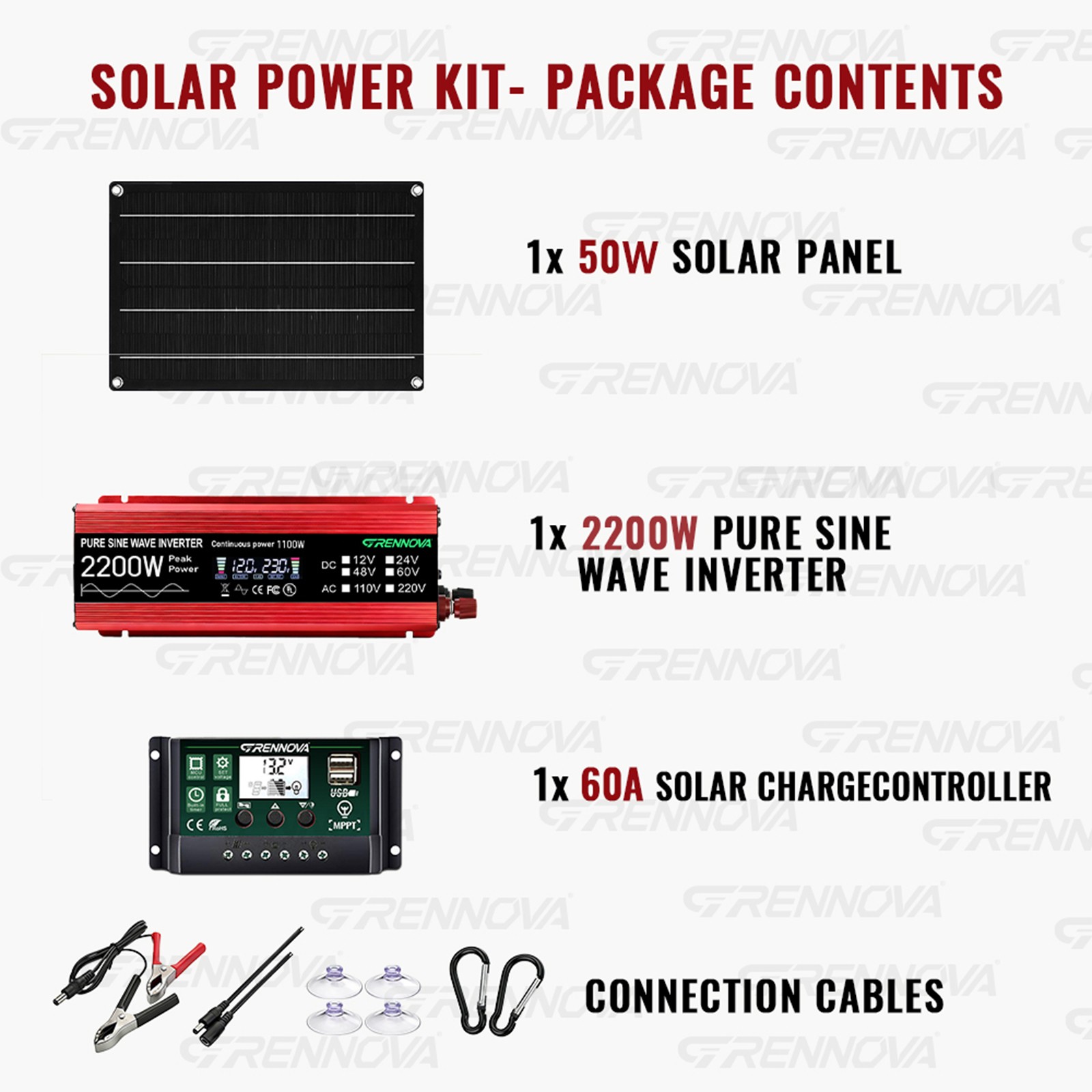 Grennova 2200W Off-Grid Solar Kit 50W Panel 60A MPPT Dual Voltage Inverter