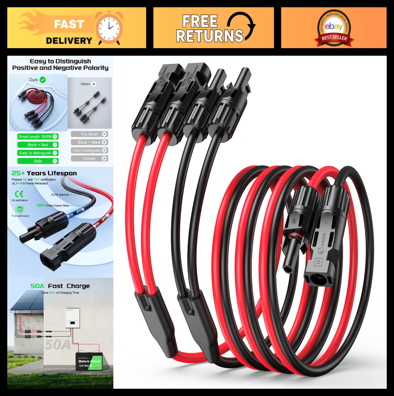 21FT 10AWG Solar Extension Cable, Y-Branch Connectors, Male & Female Adaptor Wir