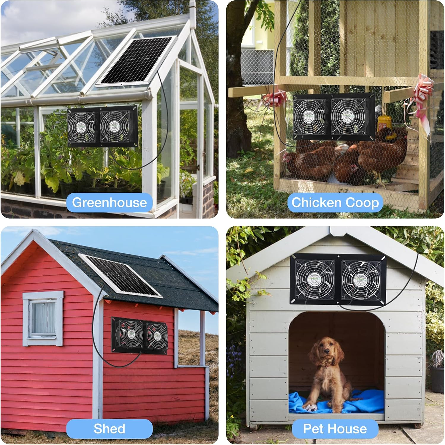 Fanspex Solar 2 Fan Kit, Waterproofed Solar Powered Fans for Outdoor Chicken Coo