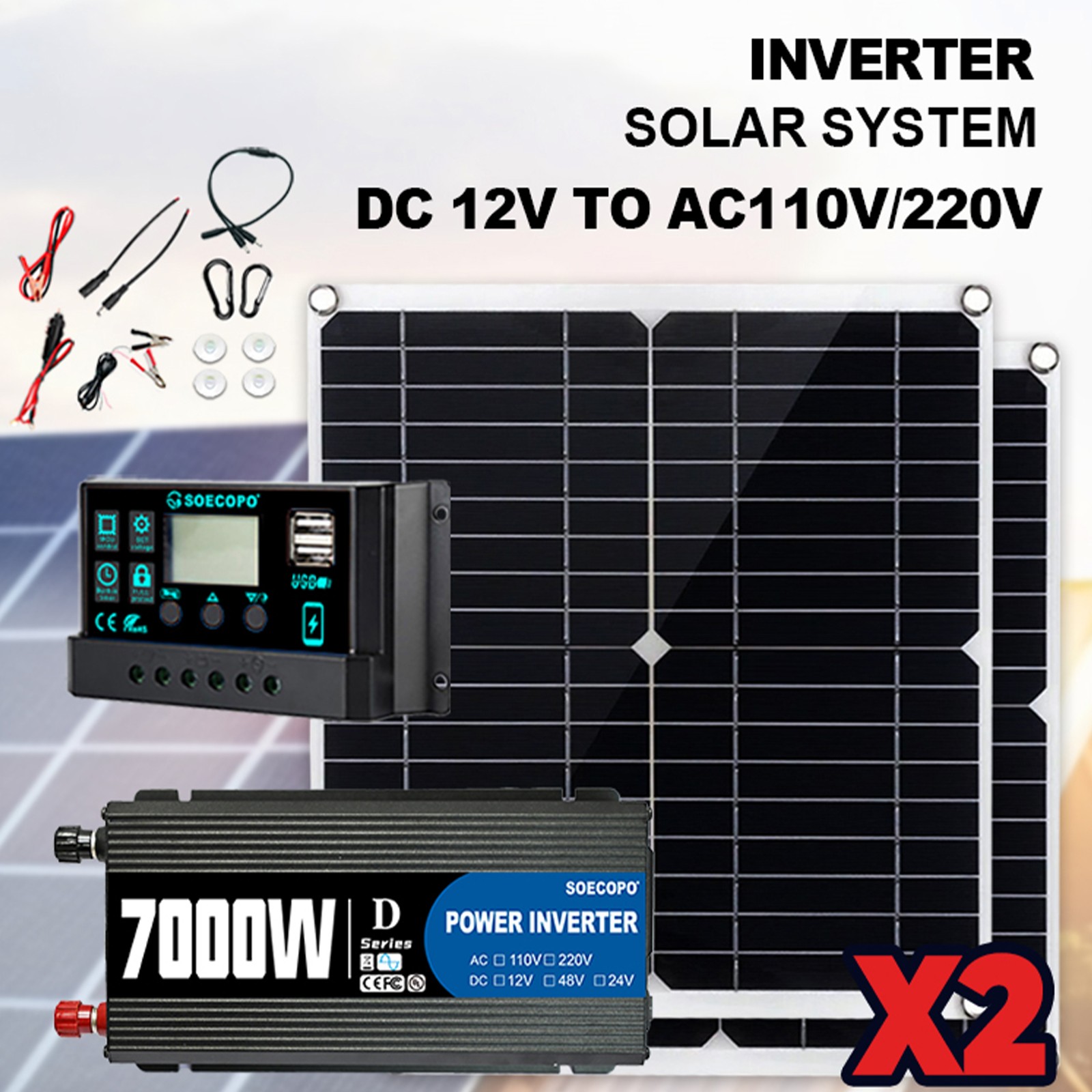 Complete 7000W Off-Grid Solar Kit 7000W Inverter 2pcs 300W Solar Panels 110V/2ta