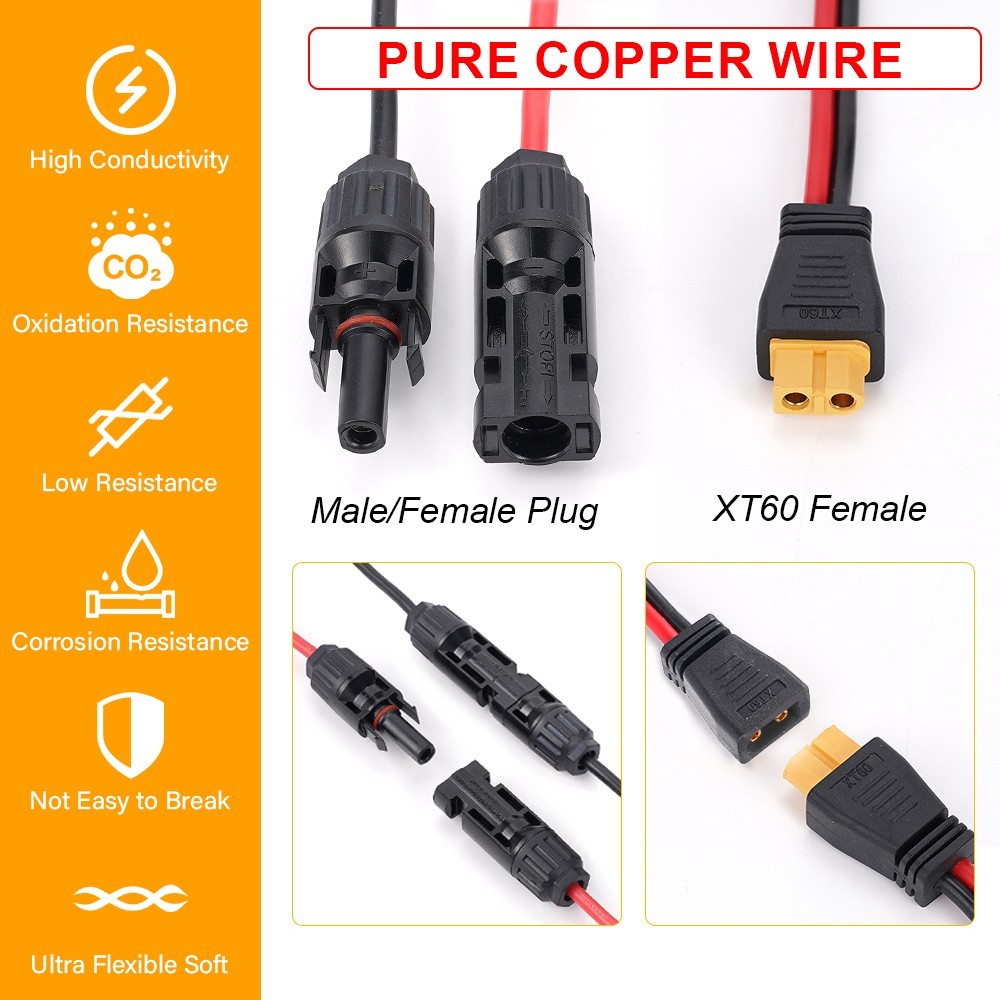 20ft/6m XT60 Female to Solar Connector Extension Cable Wire for Solar Generator