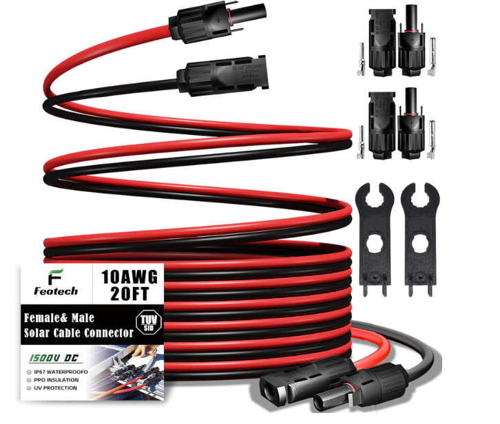 Cable solar doble 10AWG 20FT con conectores IP67, ideal para exterior y RV.