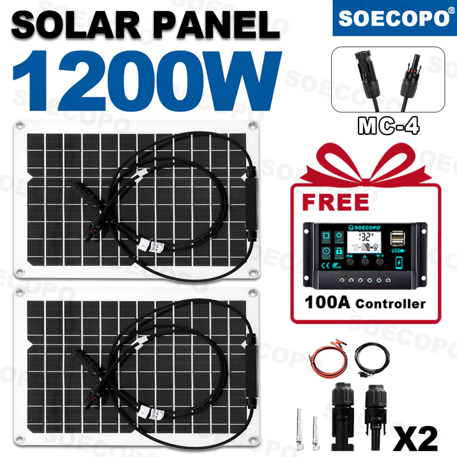 1200W 2-Panel Solar Kit – 100A Controller + Y-Cable Balcony/RVhO