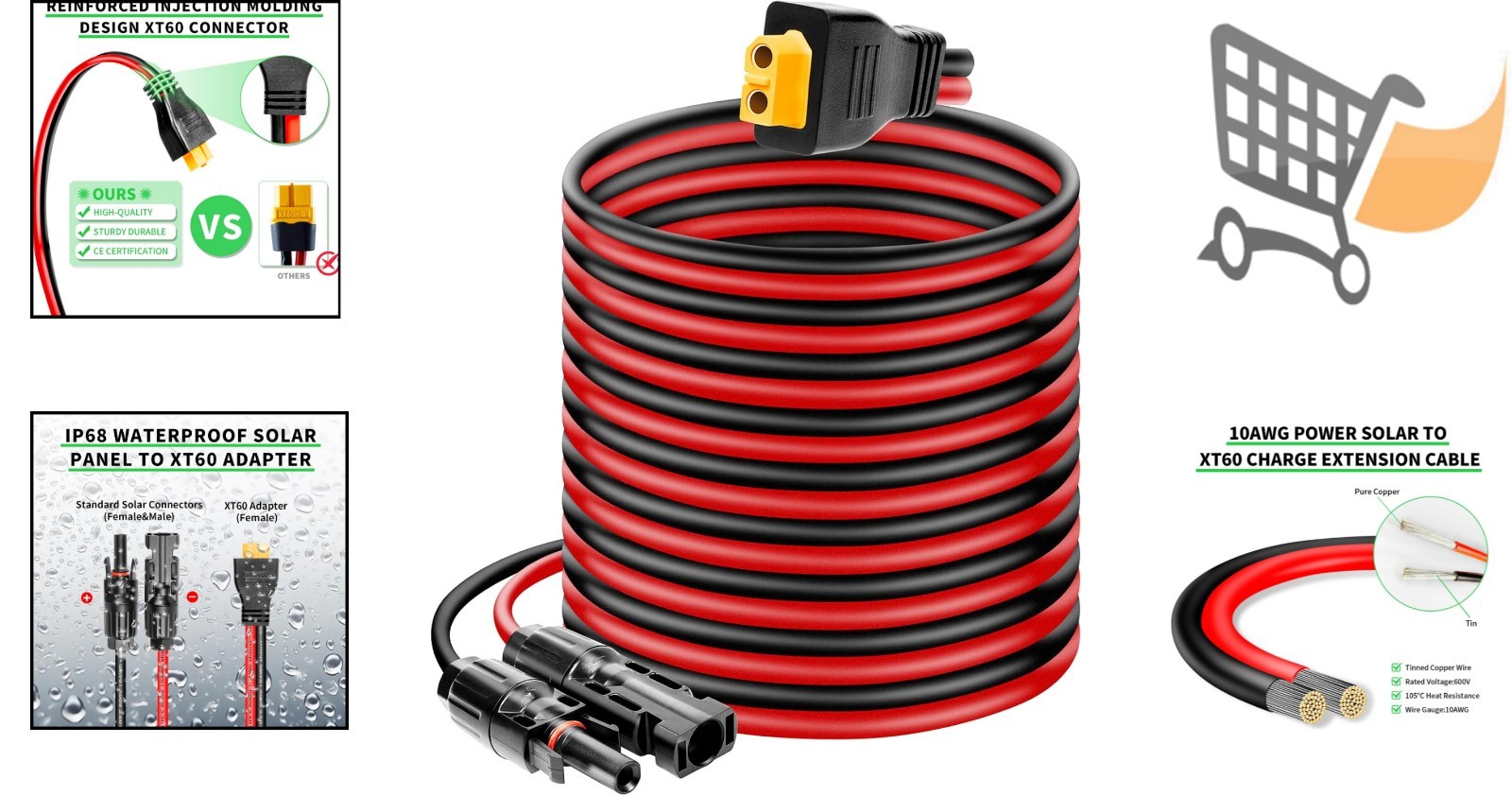 Solar Panel Connector to XT60 Extension Cable 20FT 10AWG Waterproof Power Sta…