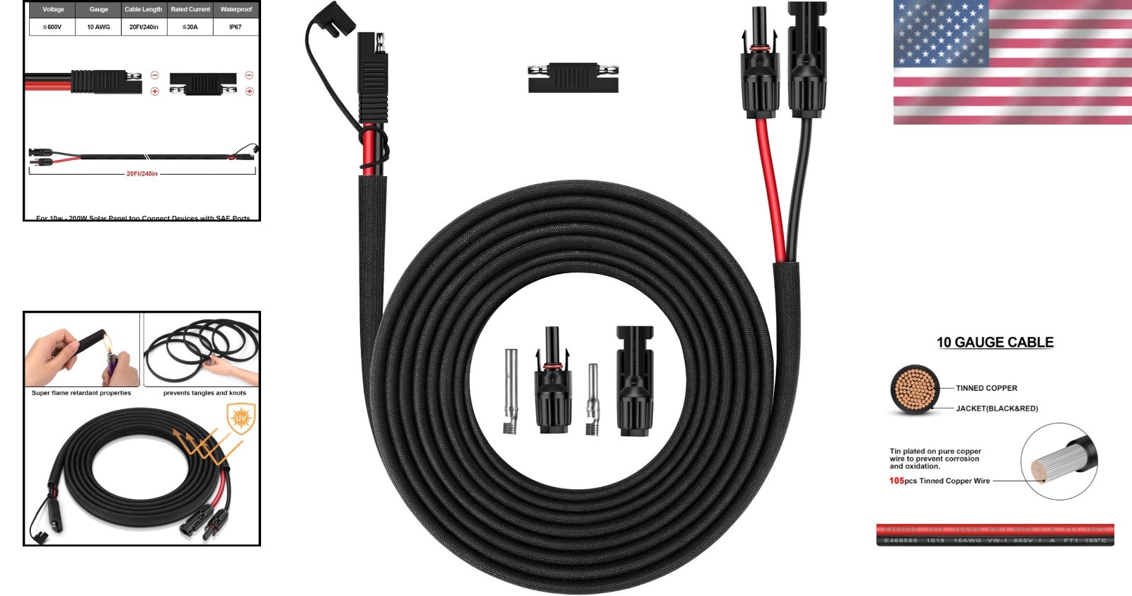 UV Resistant SAE Connector Cable for Battery Charger