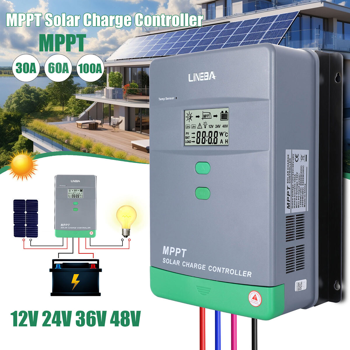 10-100A Solar Charger Controller MPPT&PWM Dual USB Charge Regulator Panel 12/24V