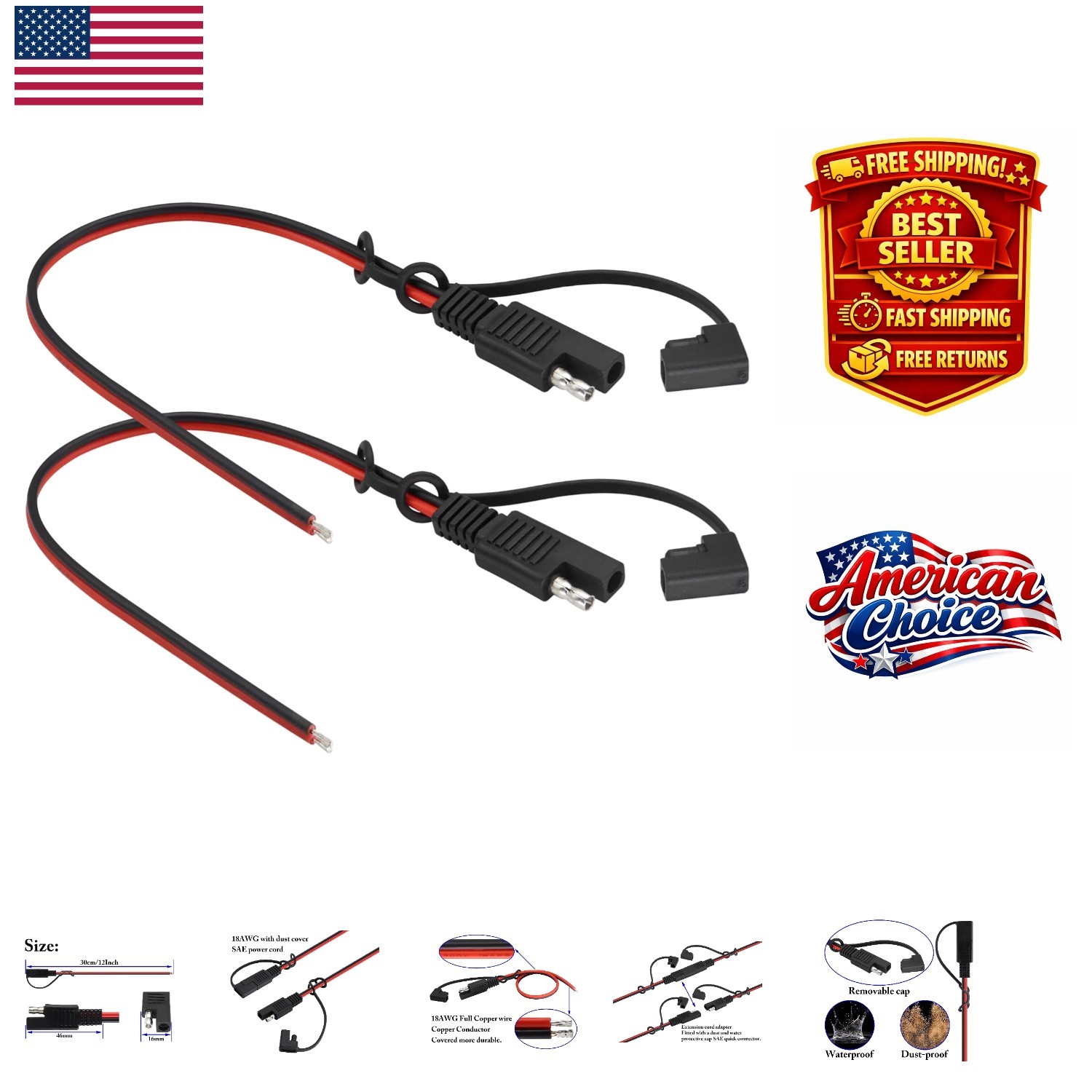Reliable SAE 12V Extension Cord 2-Pack – Waterproof for Solar Power Applications