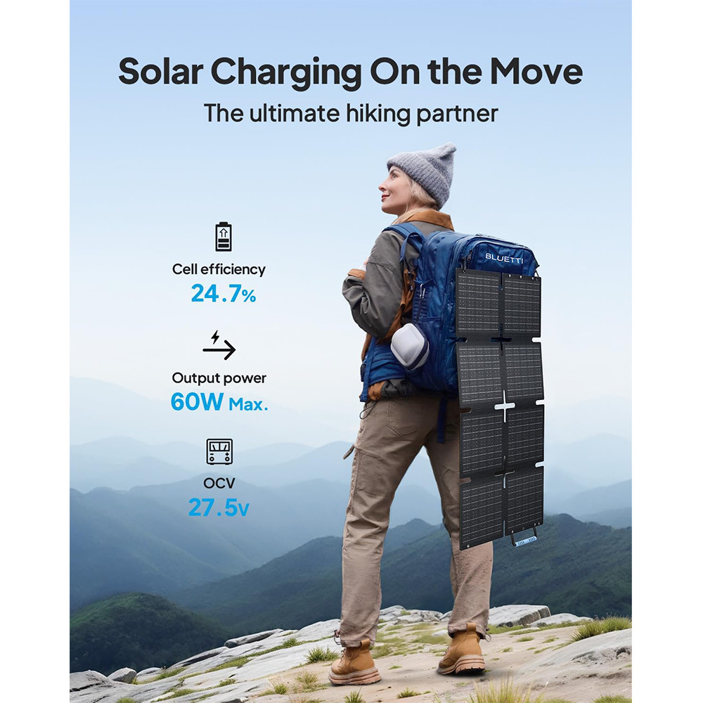 BLUETTI 60W Foldabl Solar Panel for Power Station Handsfree 1/2 AC2A EB3A