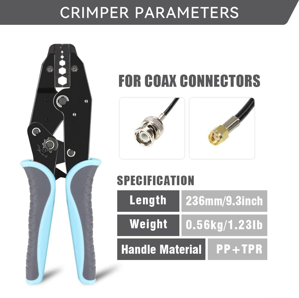 Kit de crimpado de trinquete para cables coaxiales RG y conectores RF con 5 mord