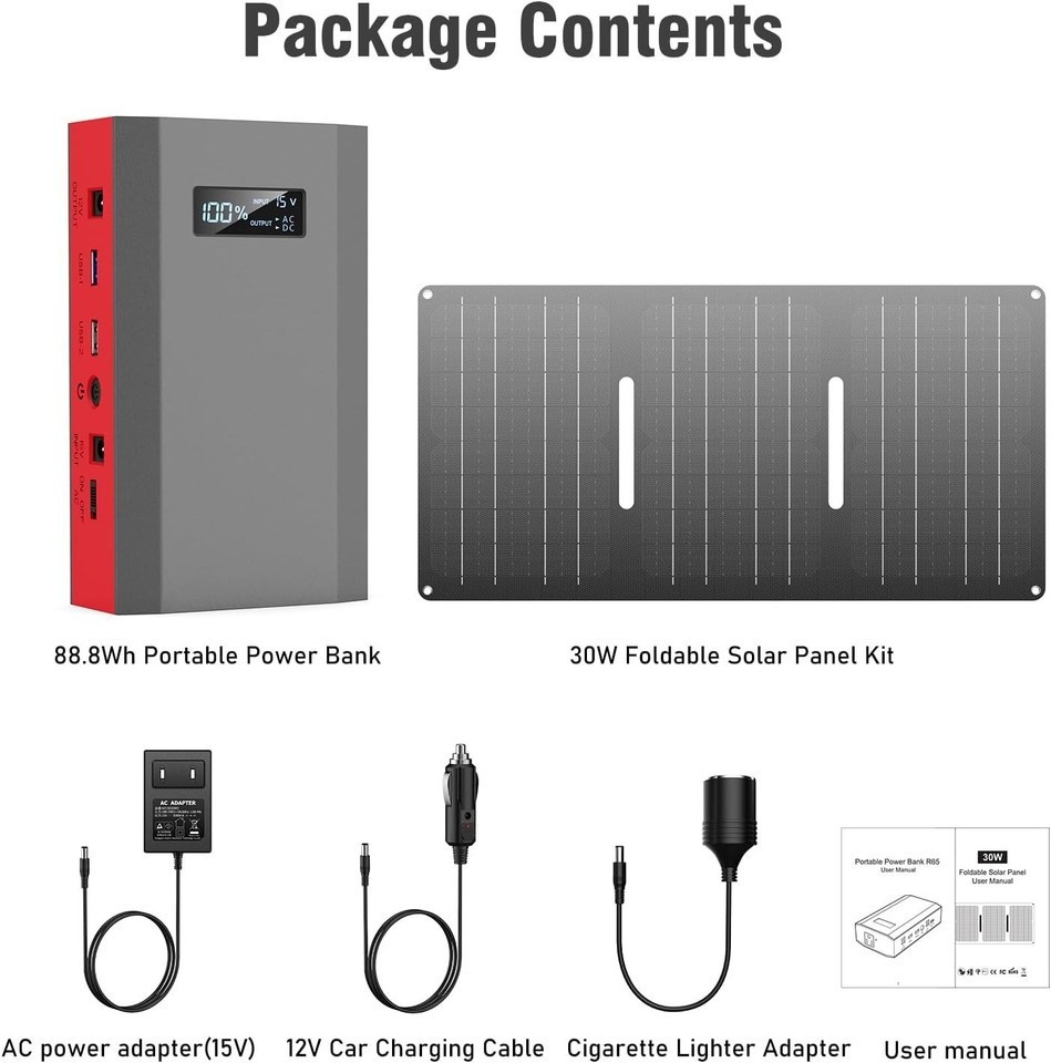 65W Portable Power Station Bank Solar Generator 30W Solar Panel Camping Charger