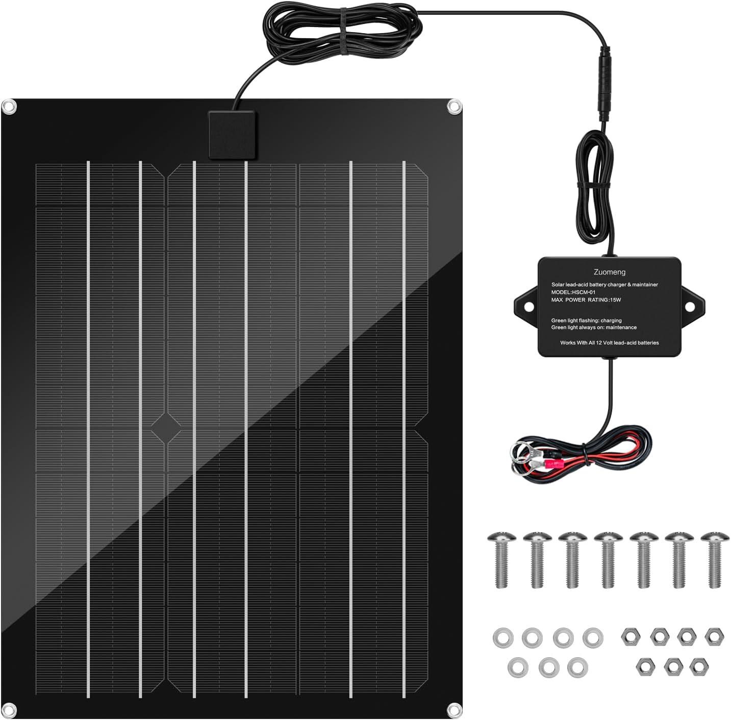 12V Solar Battery Charger Maintainer, 15W Solar Panel Kit for RV, Trailer, Truck
