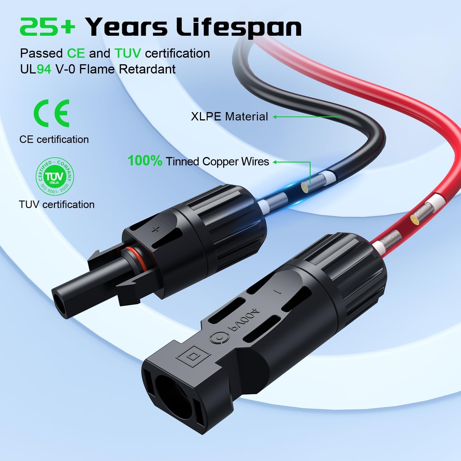 21FT 10AWG Solar Extension Cable, Y-Branch Connectors, Male & Female Adaptor Wir