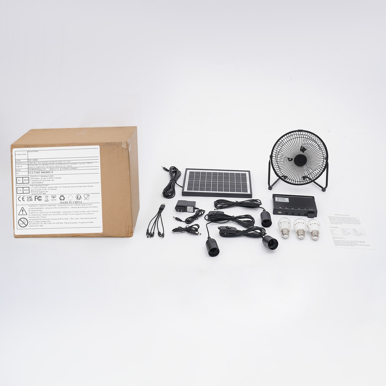 Solar Lighting & Fan Kit with 3 Bulbs USB Charging for Home Outdoor Camping