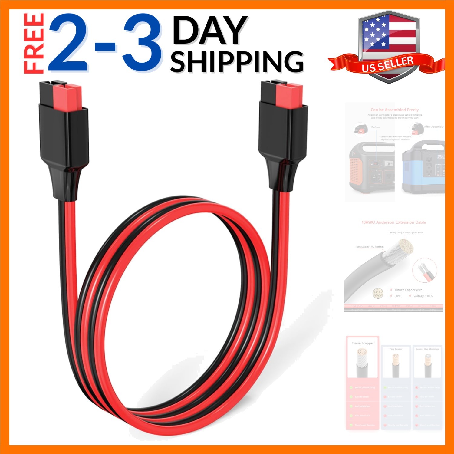 10AWG 2FT Anderson Extension Cable 2 6 10 20 35 50 75 100FT Solar Extension C…