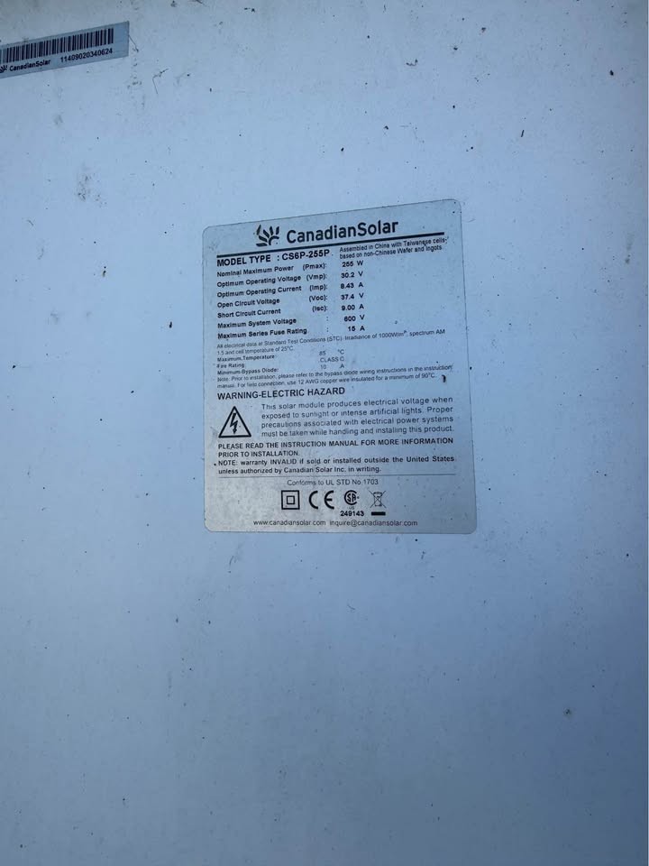 255W CanadianSolar CS6-255P PRE-OWNED Solar Modules