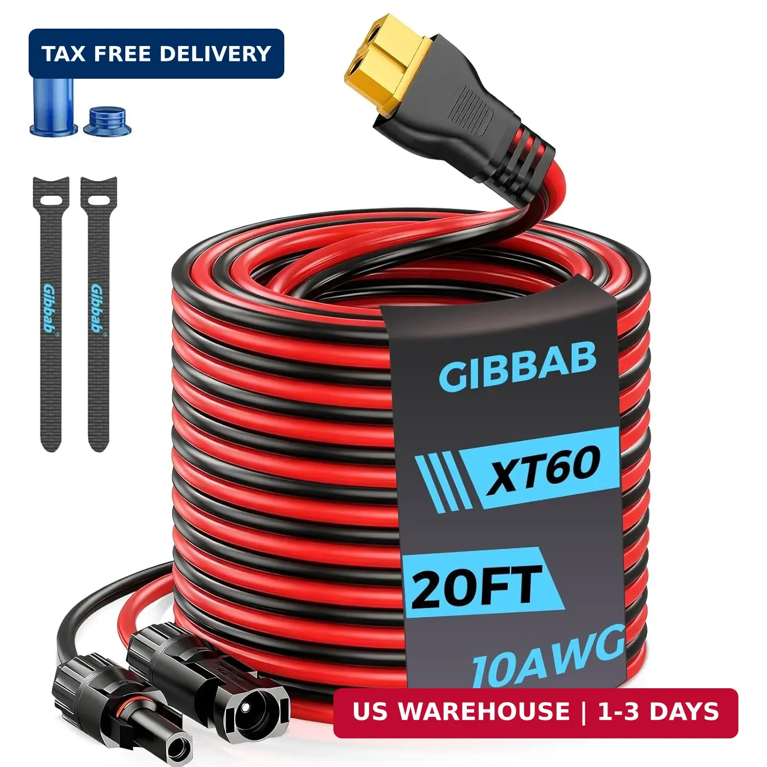 20FT 10AWG XT60 Solar Charging Cable, GIBBAB Solar Panel Connector to XT60 Exten