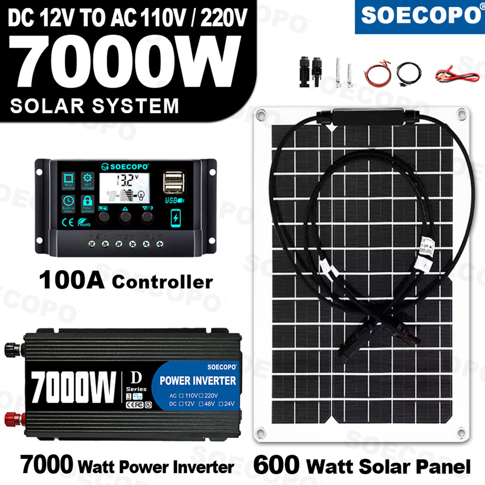 SOECOPO 7000W Peak Solar System Flexible Panel 100A Controller 12V To 110/220V