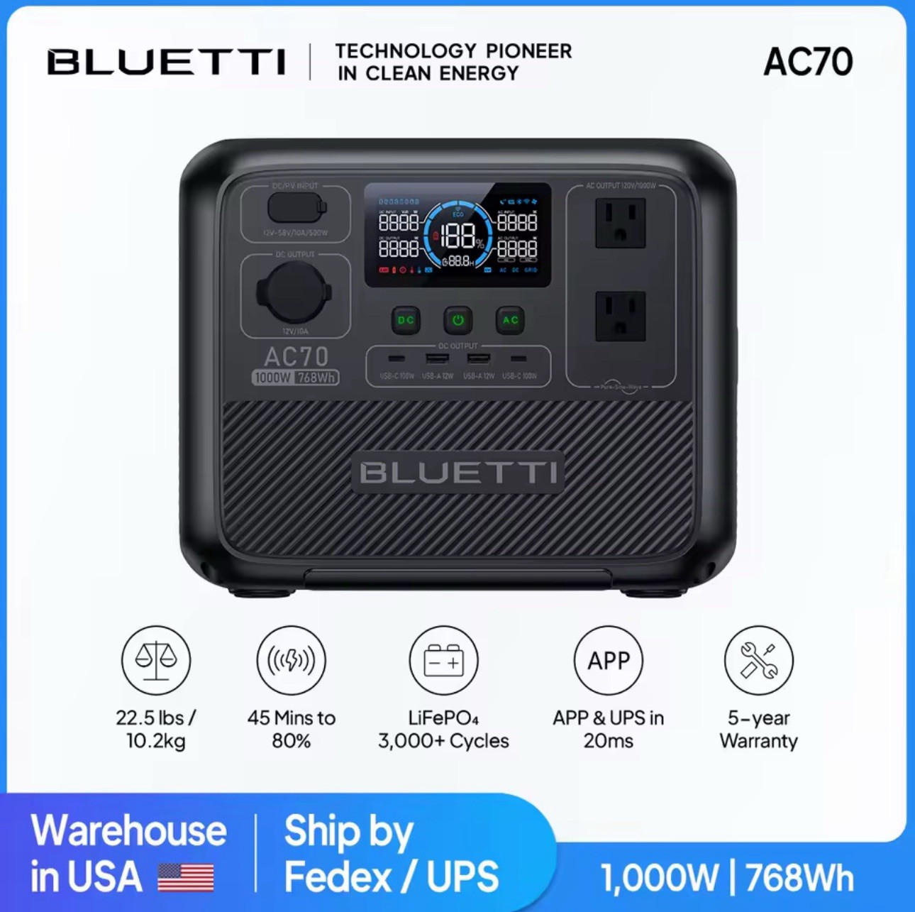 BLUETTI AC70 1000W 768Wh Portable Power Station Solar Generator for Fishing/Trip