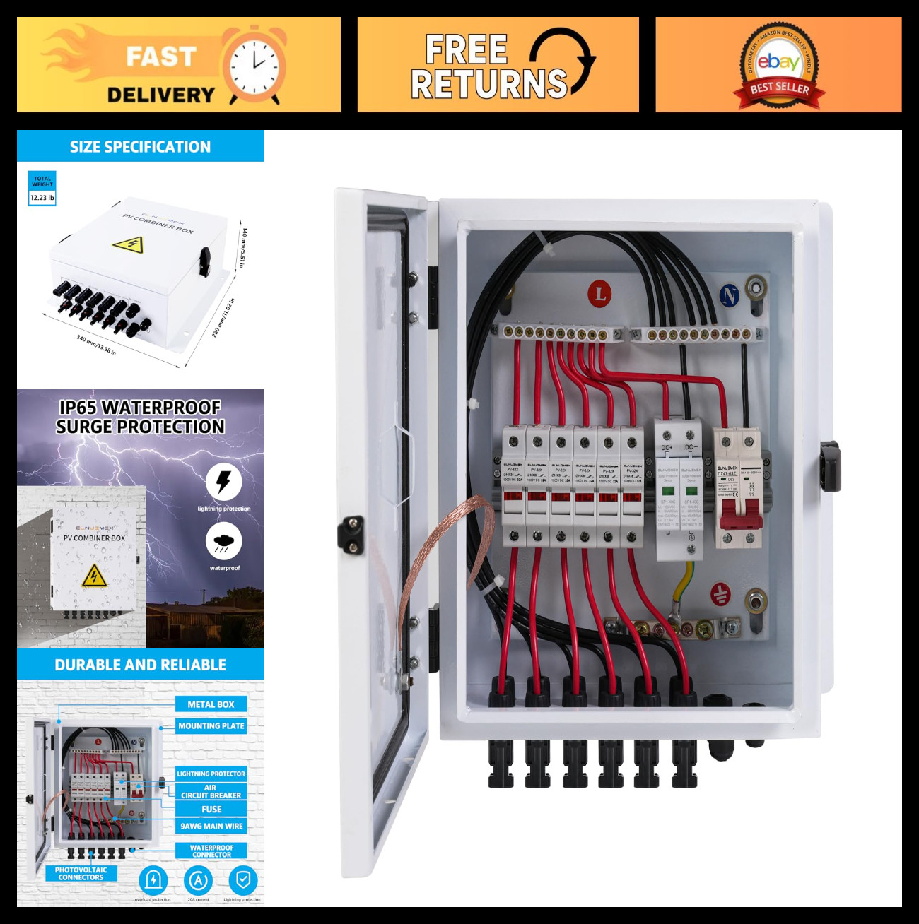 6 String Solar Combiner Box, 20A Fuse, Surge Protection & 63A Circuit Breaker