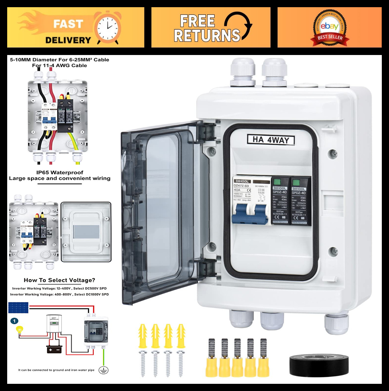 Solar Panel Disconnect Switch with Surge Protector, 40A DC1000V Combiner Box, RV