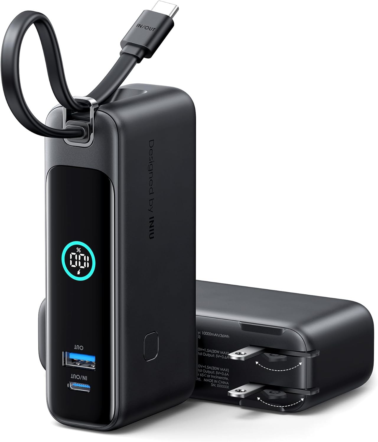 INIU Portable Charger, 10000mAh 30W Fast Charging Power Bank, Built-in USB C Cab