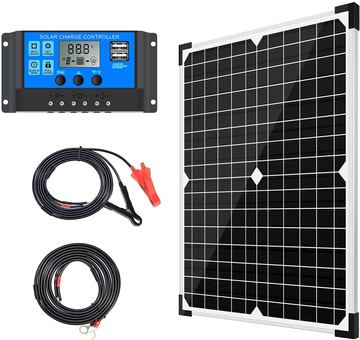 20W 12V Solar Panel Kit Monocrystalline Charge Controller RV Marine Boat