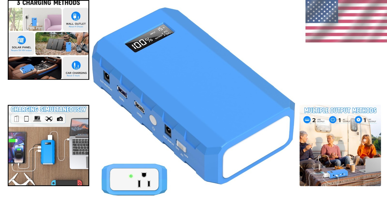 Rechargeable Power Station 24000mAh Solar 65W AC Outlet 110V Camping Source